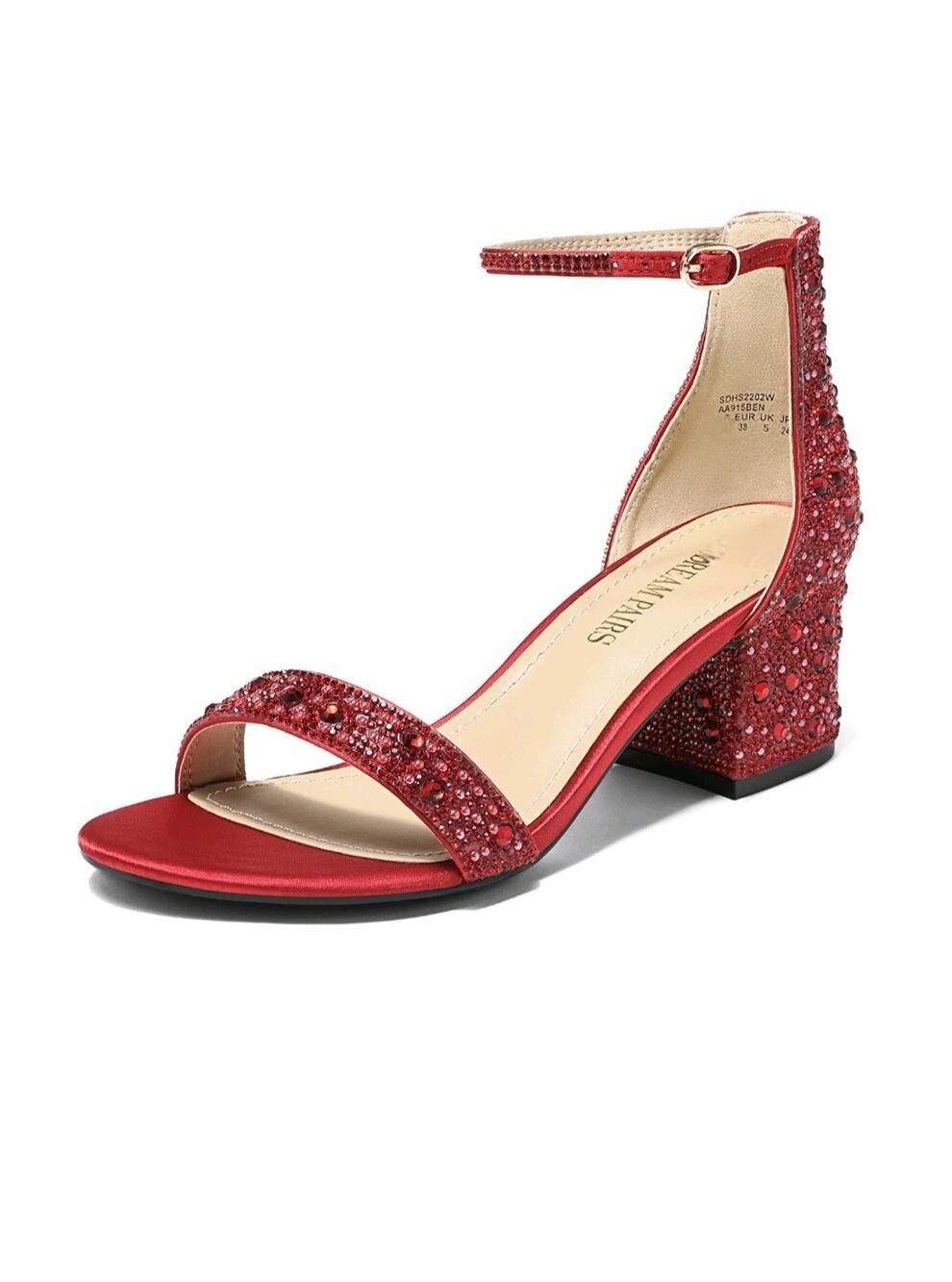 DREAM PAIRS Women 8.5 Strappy Low Chunky Heel Red Rhinstone Party Dress Sandals